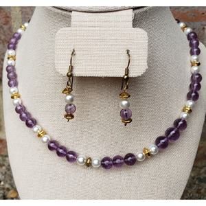 Vintage‎ Amethyst Faux Pearl Gold Tone Jewelry Set ~ 24" Necklace & Earrings